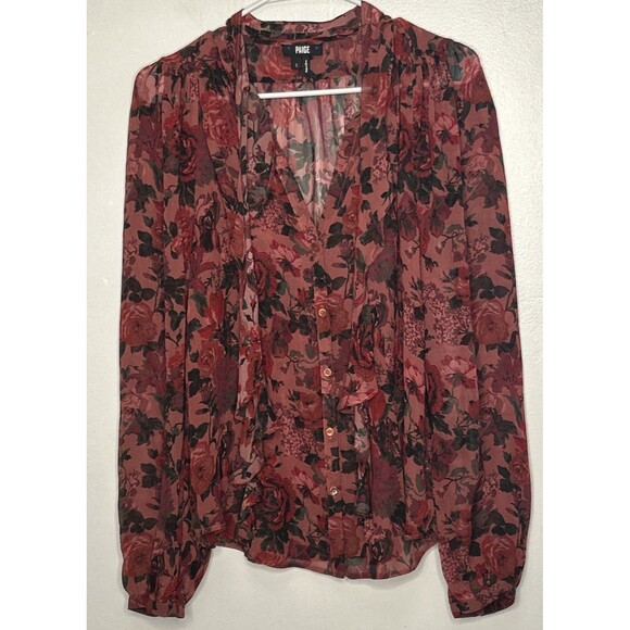 Paige Elynne Silk Blouse Womens Small Floral Tie Garden Party Wedding Guest Rose - Picture 2 of 6